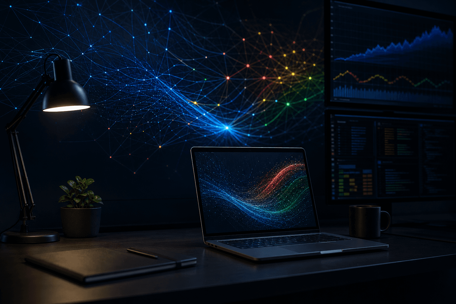 Gemini 3.5 hero image - dark tech workspace with neural network visualization