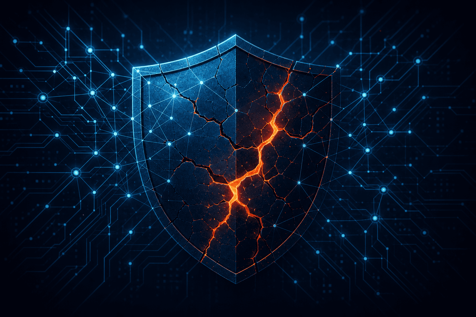 Digital shield cracked with glowing orange fissures, circuit network background - symbolizing AI-discovered zero-day vulnerability