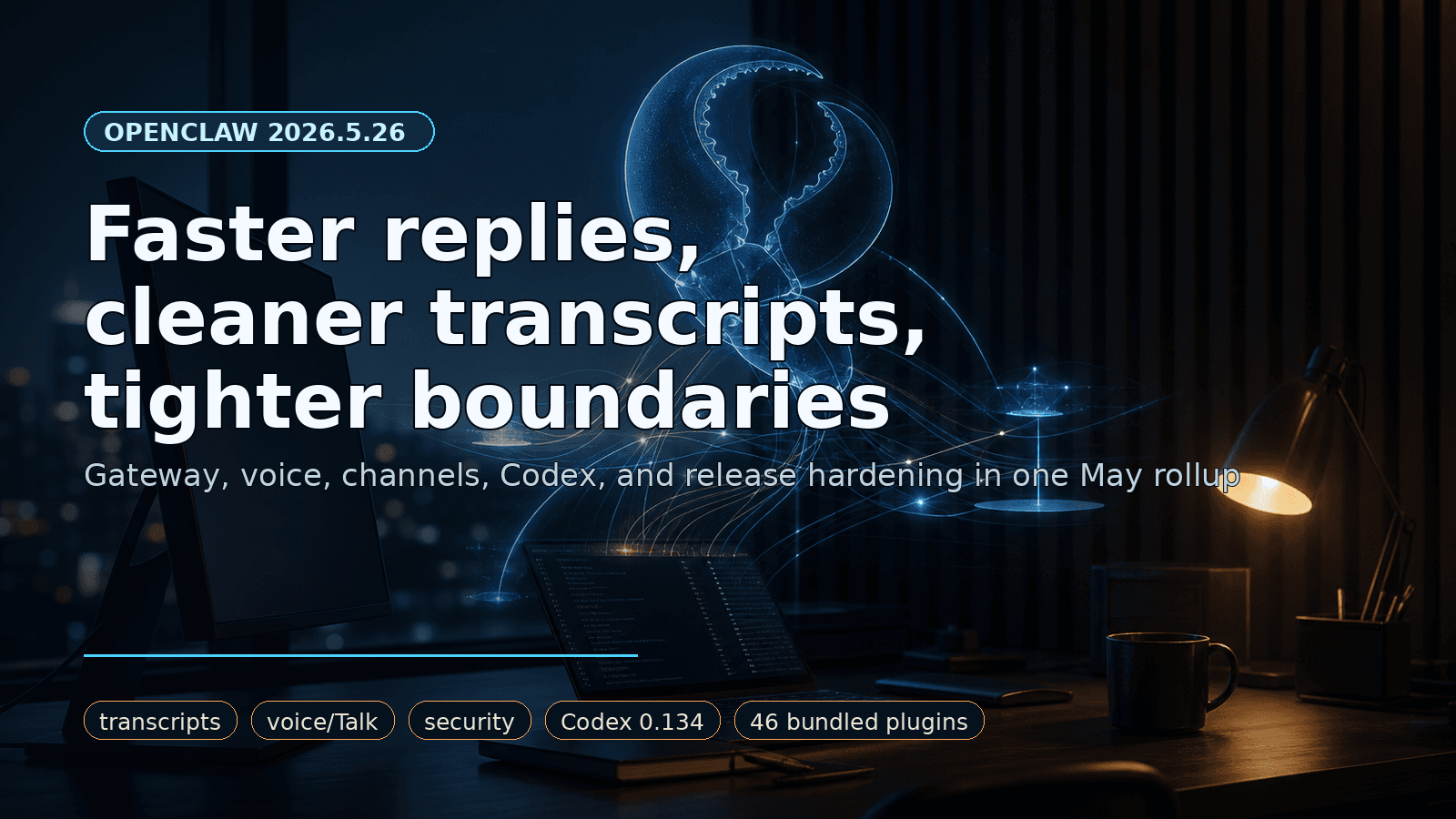 OpenClaw 2026.5.26 release hero showing a holographic claw over a developer workstation with feature labels for transcripts, voice, security, Codex, and bundled plugins.