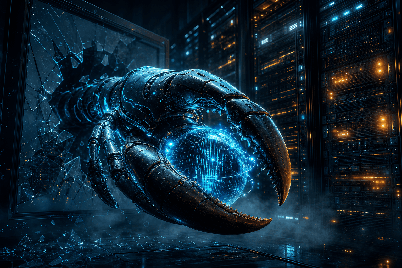 Biomechanical lobster claw gripping a holographic data sphere in a server room