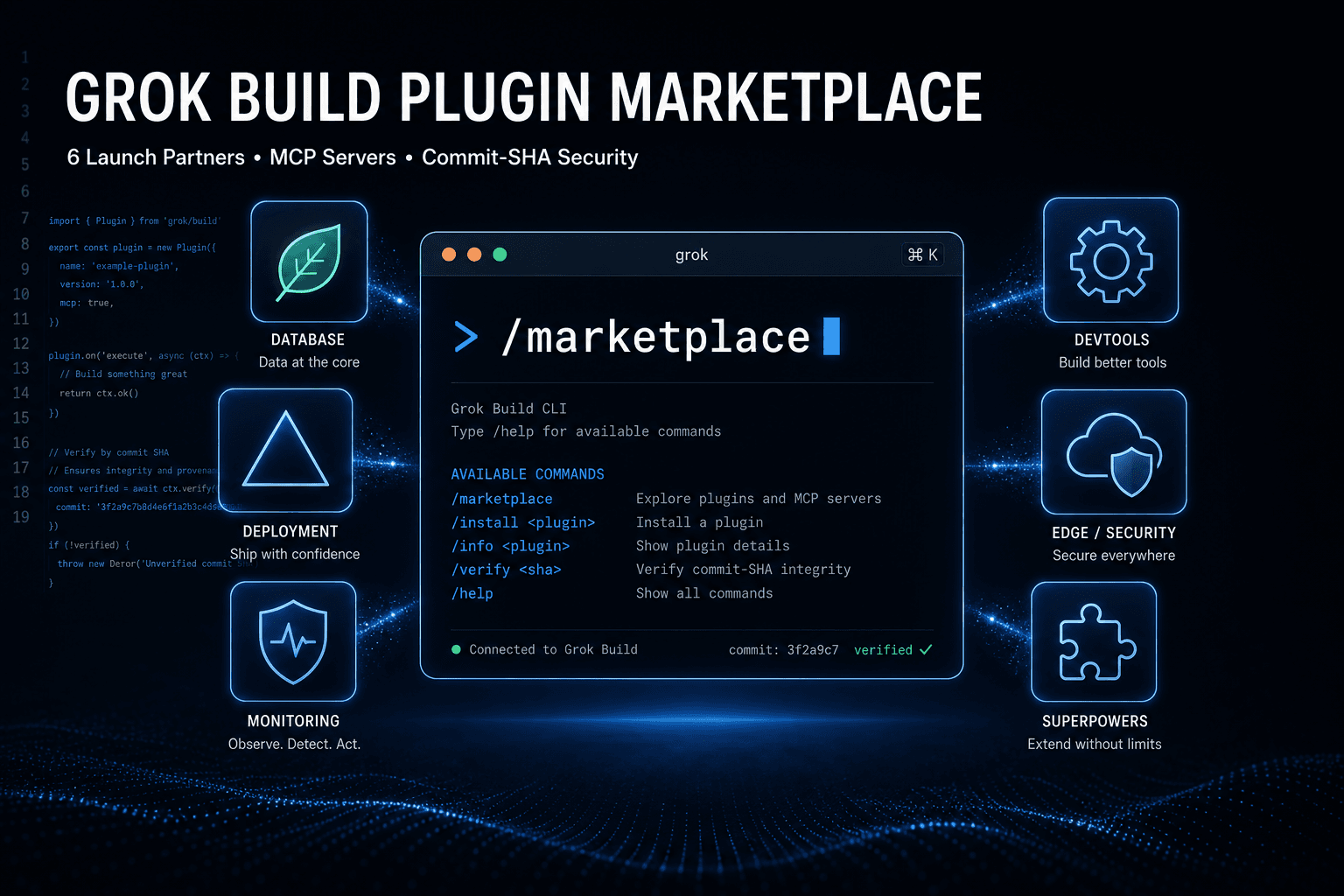 Grok Build Plugin Marketplace hero image showing terminal interface with launch partner icons