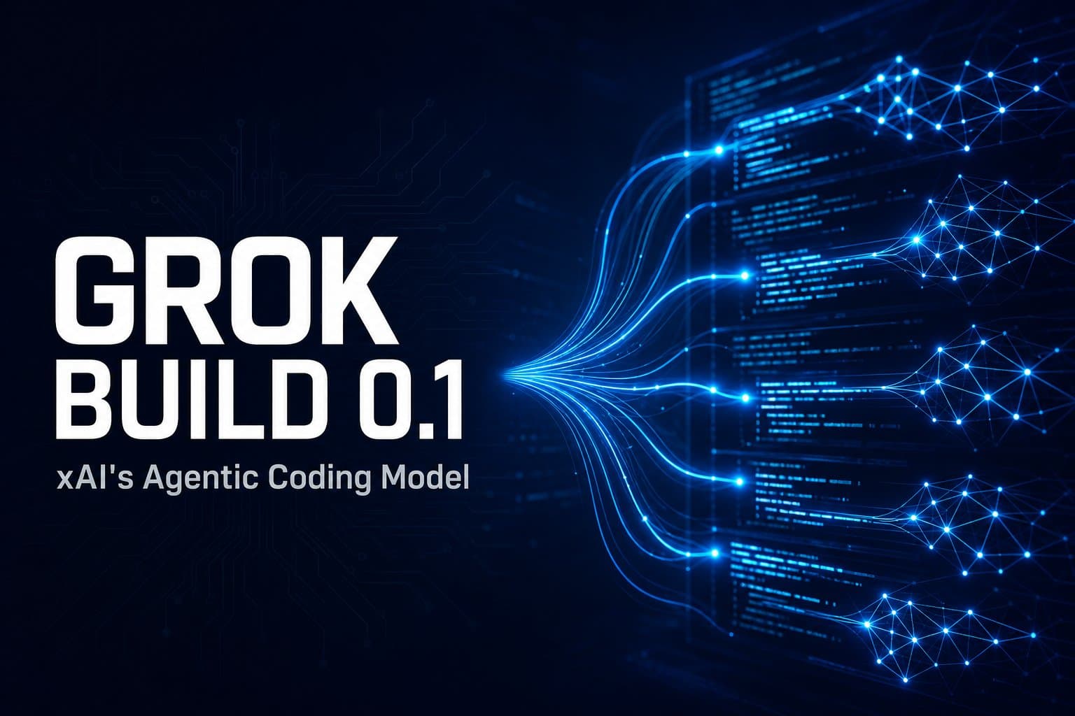 Editorial hero for Grok Build 0.1 article — dark tech aesthetic with product name and version, abstract parallel code streams suggesting agentic architecture.