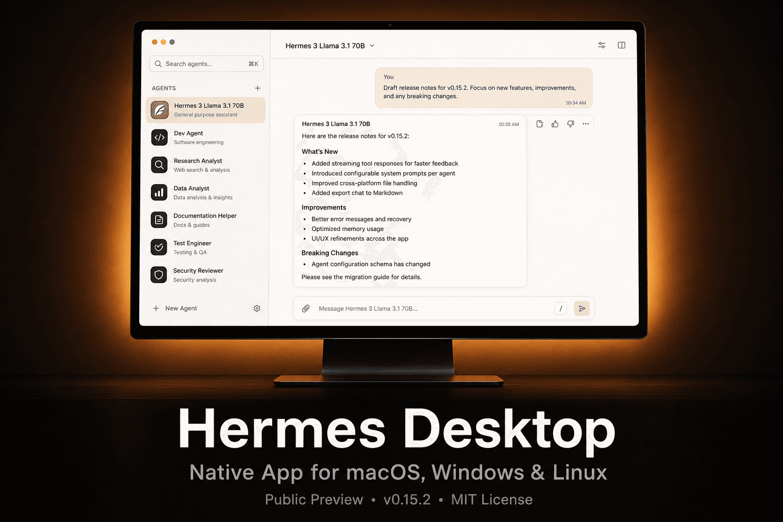 Hermes Desktop native app screenshot with release info