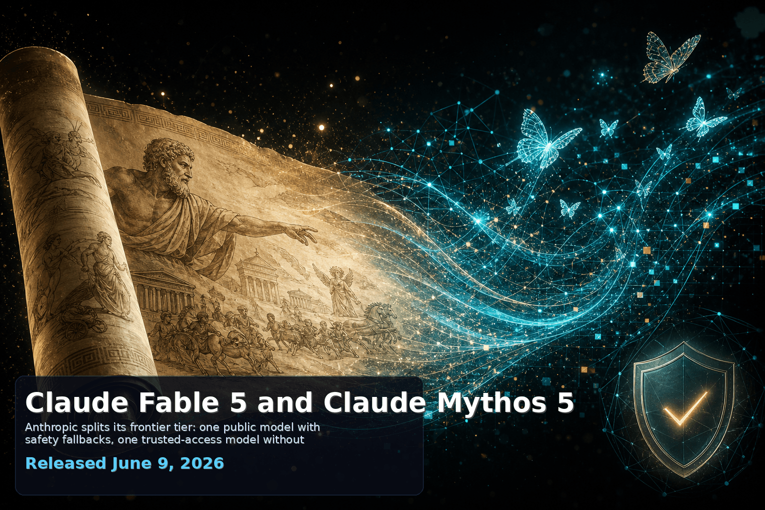 Claude Fable 5 and Claude Mythos 5 hero: an ancient mythological scroll unfurling into digital neural networks and butterflies with a safety shield
