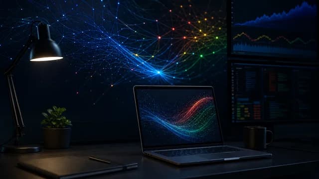 Gemini 3.5 hero image - dark tech workspace with neural network visualization