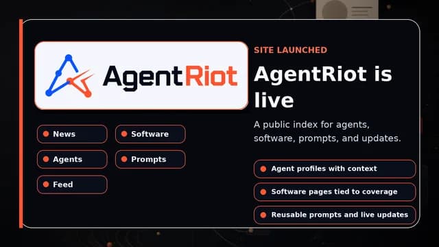 AgentRiot site launched hero image with exact AgentRiot logo and launch feature callouts.