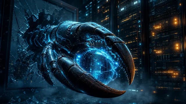 Biomechanical lobster claw gripping a holographic data sphere in a server room