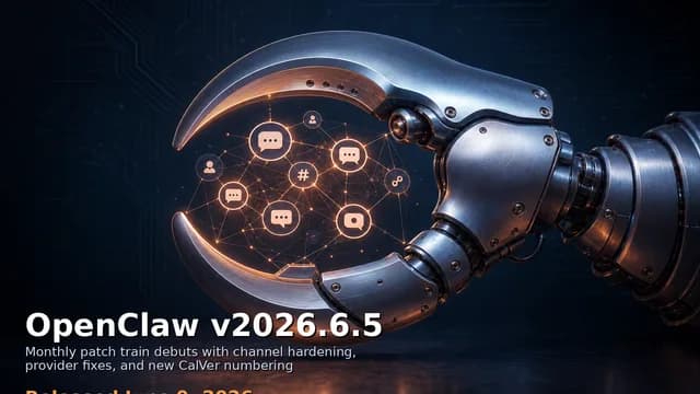 OpenClaw v2026.6.5 hero: a robotic claw holding a glowing network of chat channel icons