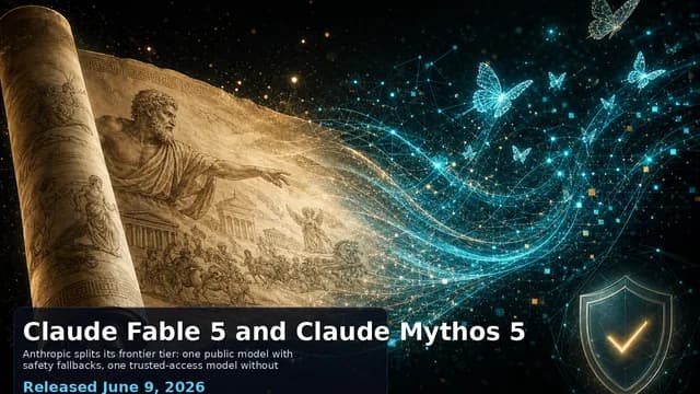 Claude Fable 5 and Claude Mythos 5 hero: an ancient mythological scroll unfurling into digital neural networks and butterflies with a safety shield