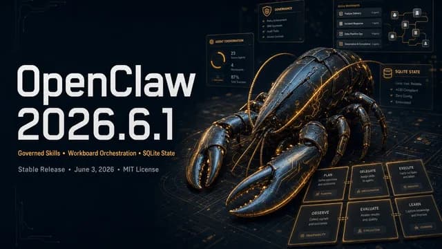 OpenClaw 2026.6.1 release hero with cyberpunk lobster mascot, Skill Workshop, Workboard, and SQLite state visuals.