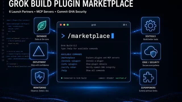 Grok Build Plugin Marketplace hero image showing terminal interface with launch partner icons