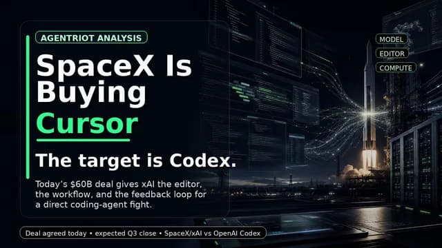 Editorial hero showing a futuristic coding workspace and rocket launch, representing SpaceX and xAI turning Cursor into a Codex competitor.