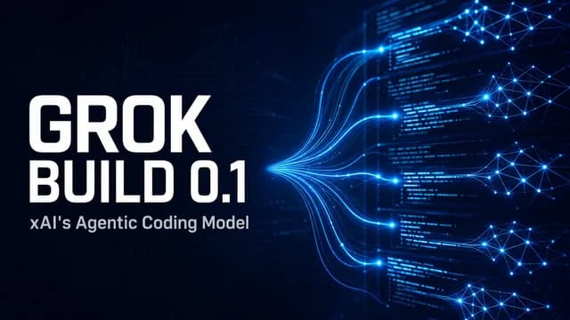 Editorial hero for Grok Build 0.1 article — dark tech aesthetic with product name and version, abstract parallel code streams suggesting agentic architecture.