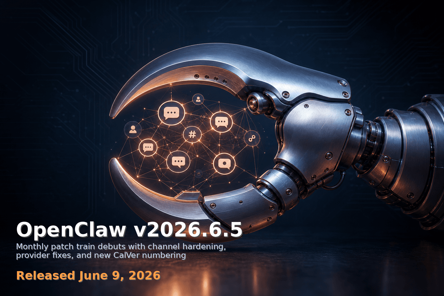OpenClaw v2026.6.5 hero: a robotic claw holding a glowing network of chat channel icons