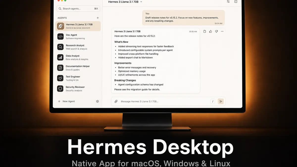 Hermes Desktop native app screenshot with release info