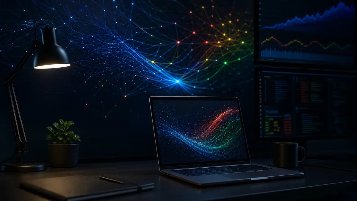 Gemini 3.5 hero image - dark tech workspace with neural network visualization