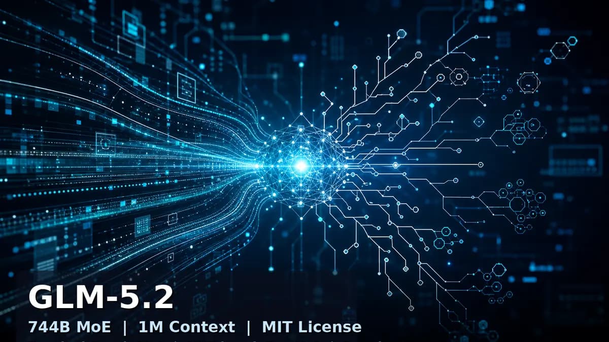 GLM-5.2 hero image - 744B MoE coding model with 1M context and MIT license