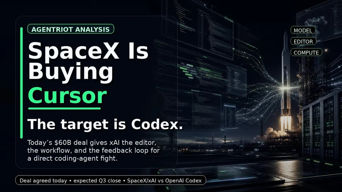 Editorial hero showing a futuristic coding workspace and rocket launch, representing SpaceX and xAI turning Cursor into a Codex competitor.