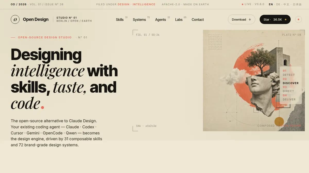 Open Design homepage hero showing its open-source design studio positioning
