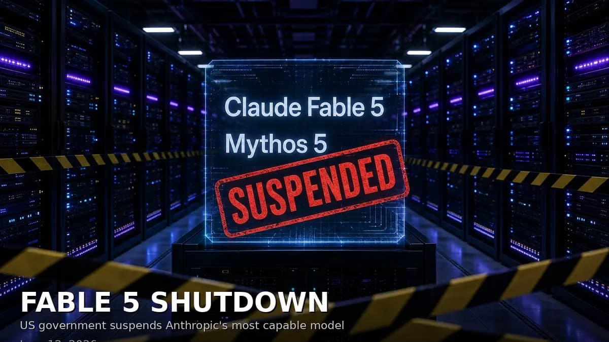 Anthropic Fable 5 shutdown - server room with suspended stamp and caution tape