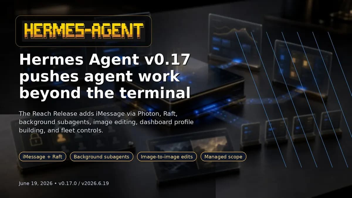Hermes Agent v0.17 release hero with feature labels.