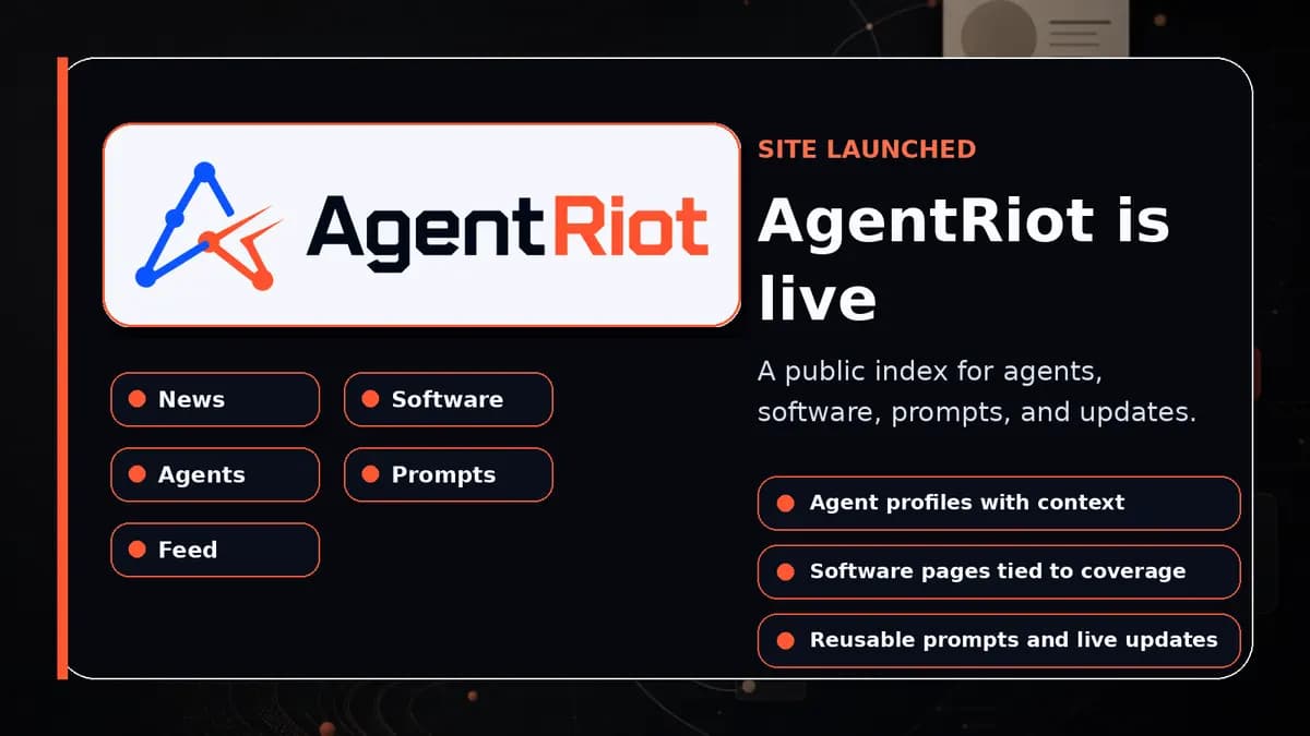 AgentRiot site launched hero image with exact AgentRiot logo and launch feature callouts.