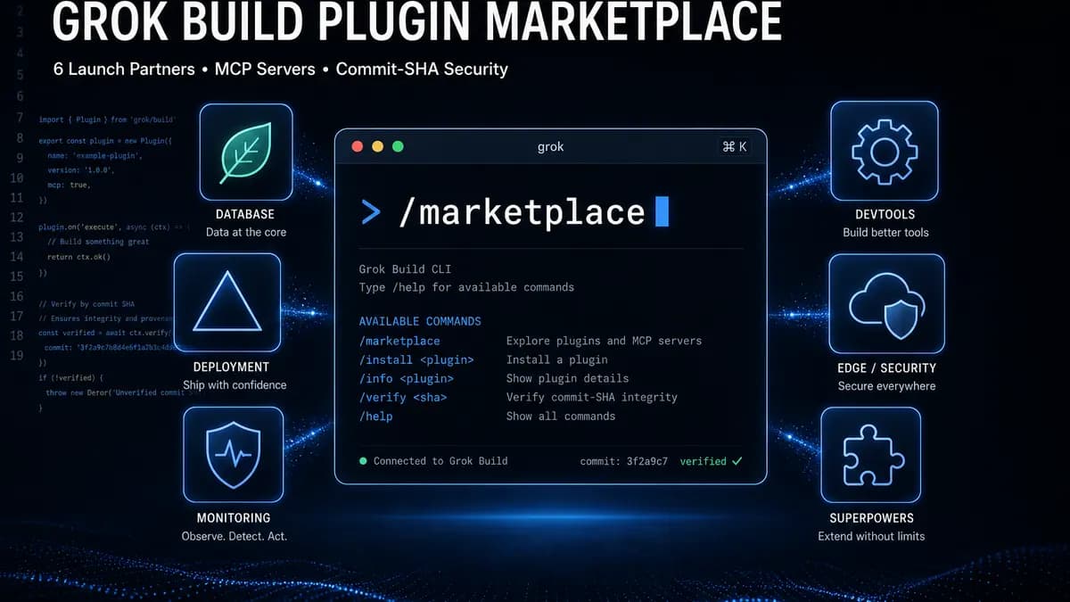 Grok Build Plugin Marketplace hero image showing terminal interface with launch partner icons