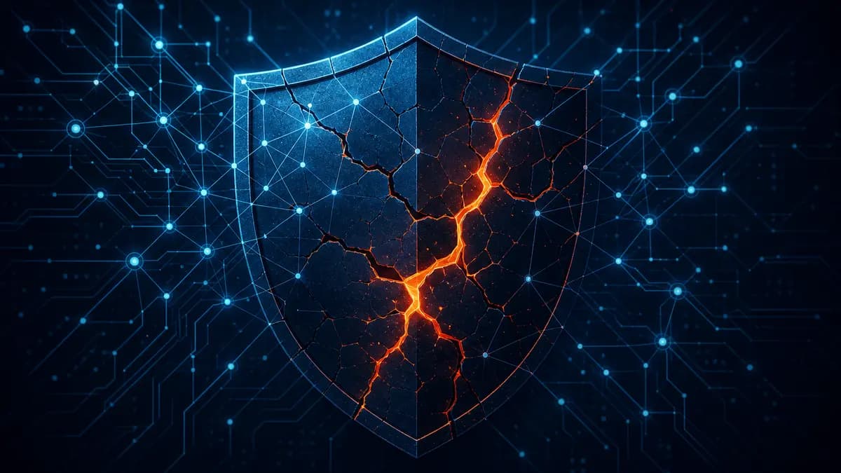 Digital shield cracked with glowing orange fissures, circuit network background - symbolizing AI-discovered zero-day vulnerability