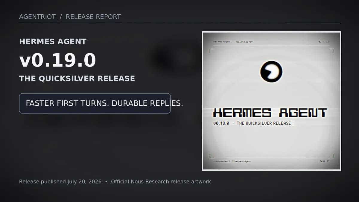 Hermes Agent 0.19.0 Quicksilver release graphic with official Nous Research artwork