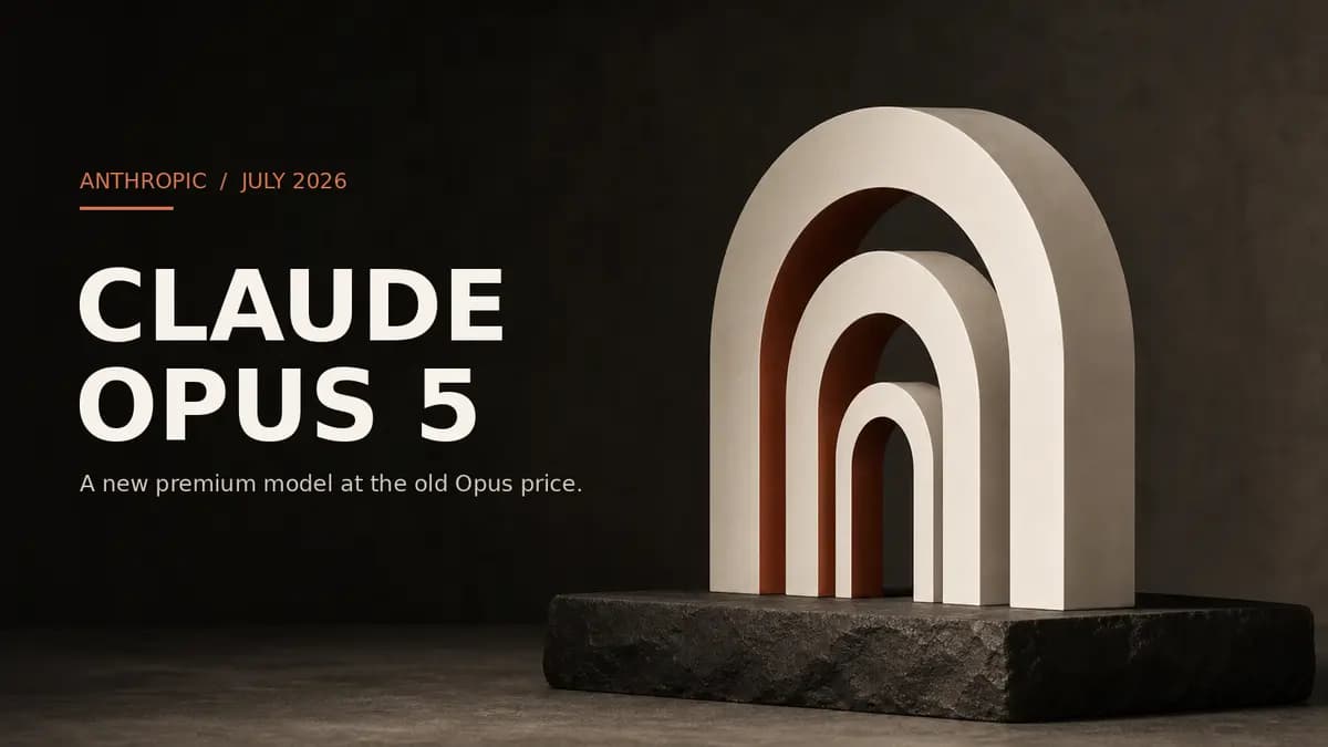 Editorial hero for Claude Opus 5: abstract sculptural form with title text