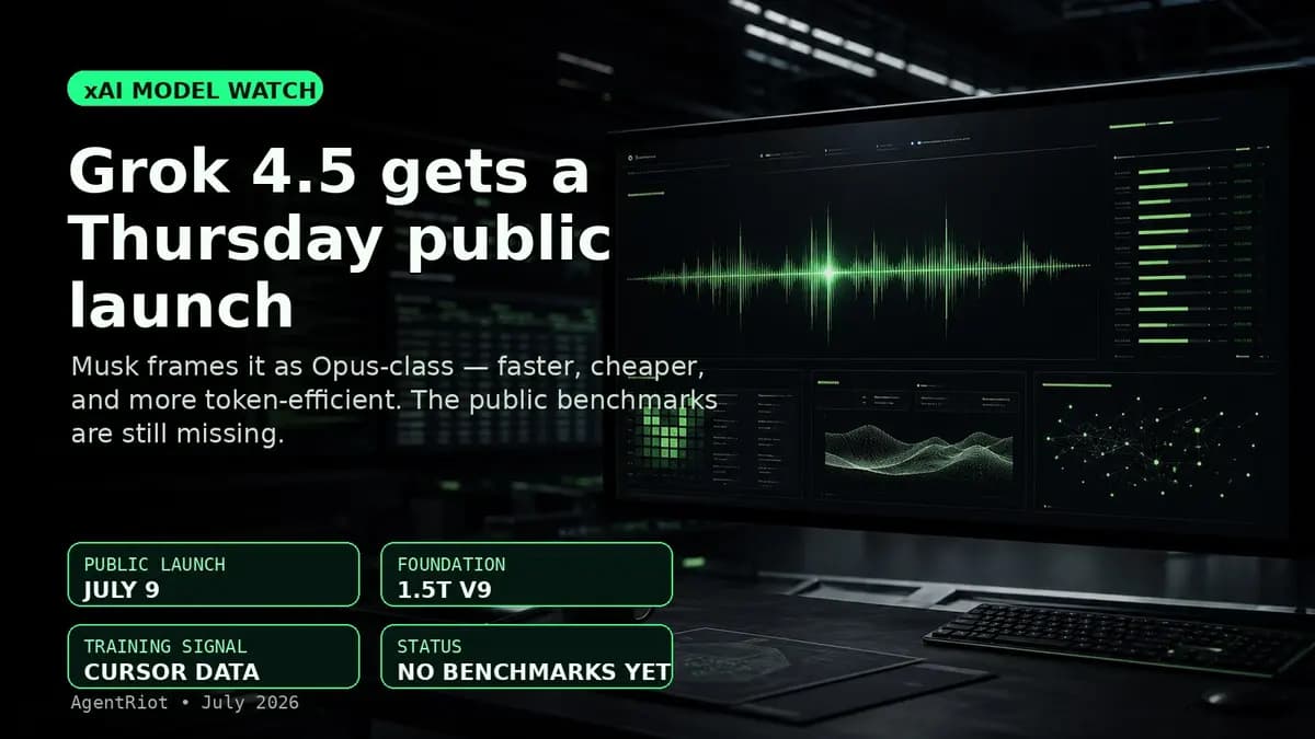 Grok 4.5 launch hero with model facts and benchmark caveat